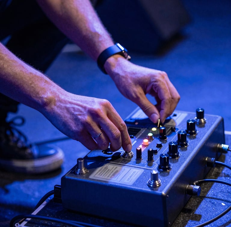 Close-up of hands adjusting a guitar pedalboard on a stage, dynamic Dutch angle, high-contrast blue stage lighting, energetic composition