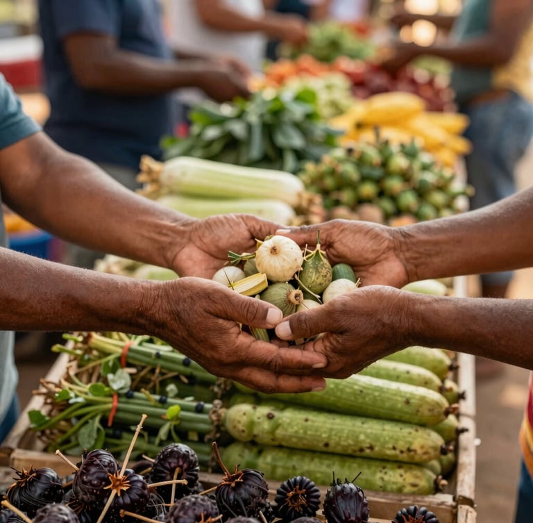 An authentic close-up of hands exchanging local agricultural products at a vibrant market in northern Brazil, warm natural daylight, rich documentary style