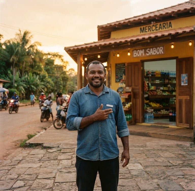 Medium wide documentary shot of a local entrepreneur standing proudly in front of his newly built store in Porto Velho, warm golden hour sunlight, authentic Amazonian setting, high-trust atmosphere.