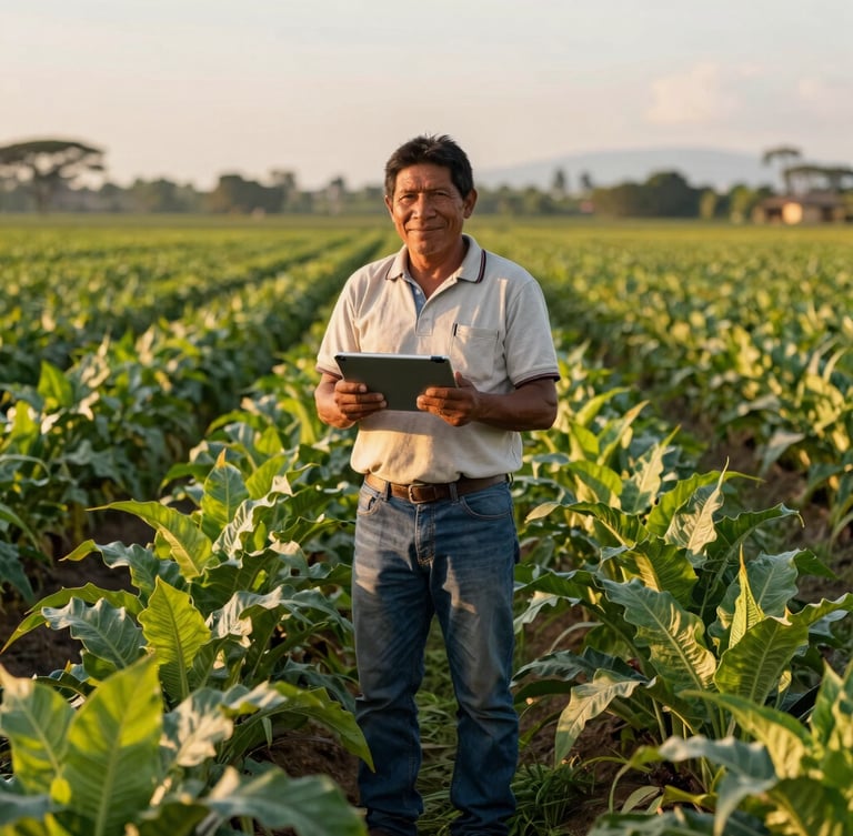 A local Amazonian farmer standing proudly in a vibrant green crop field during golden hour, holding a tablet, smiling, warm natural daylight.