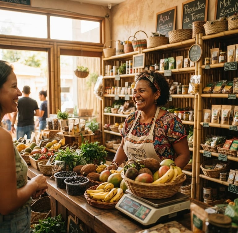 Warm editorial photography of a local Amazonian entrepreneur smiling in her bright, daylight-filled grocery shop, professional regional documentary style