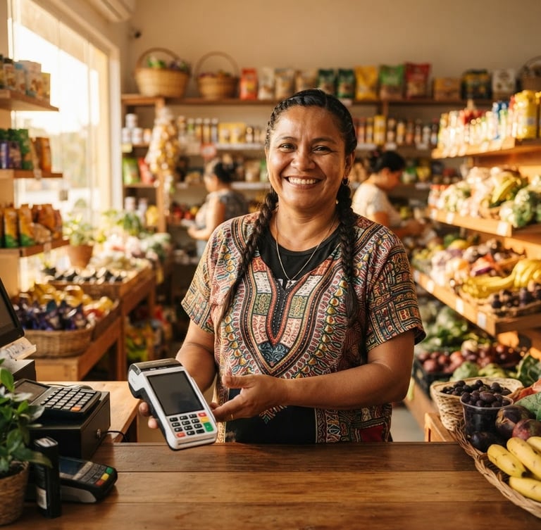 A local Amazonian business owner smiling in her bright, sunlit grocery store, holding a modern card terminal, warm golden-hour lighting, professional documentary style