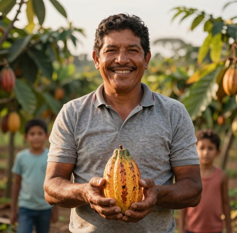 Medium environmental portrait of a smiling Brazilian family farmer in a sunny Amazonian cocoa plantation, holding a fresh organic cocoa pod, warm golden-hour daylight, professional regional documentary style