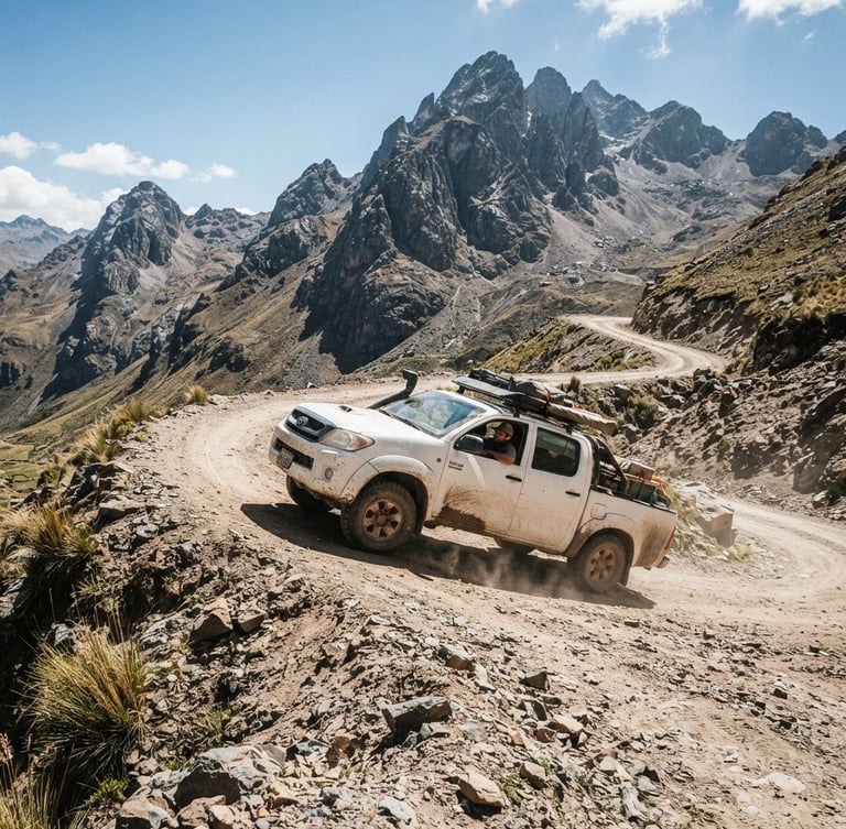 Wide-angle portrait shot of a white Toyota Hilux 4x4 navigating a steep, dusty Andean mountain road under harsh high-altitude daylight, rocky peaks in the background.