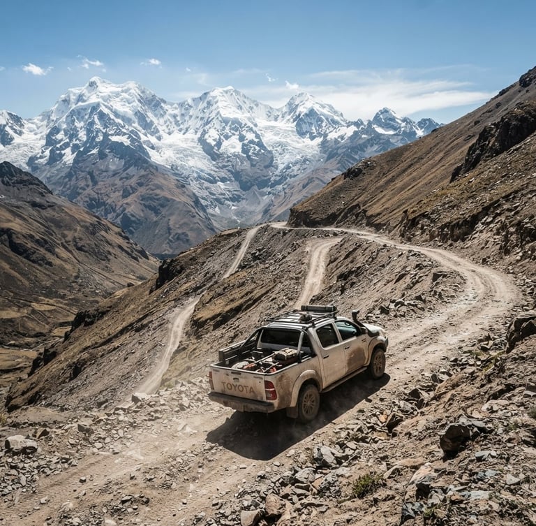 Wide-angle industrial photography of a dusty Toyota Hilux 4x4 navigating a steep Andean mountain pass under harsh daylight, massive snow-capped peaks in the background.
