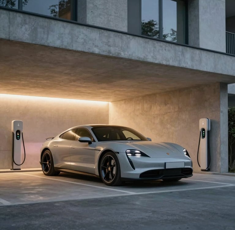 Wide architectural shot of a sleek Porsche Taycan charging in a modern, clean condominium garage with minimalist concrete pillars and warm ambient lighting, glowing charger indicator visible.