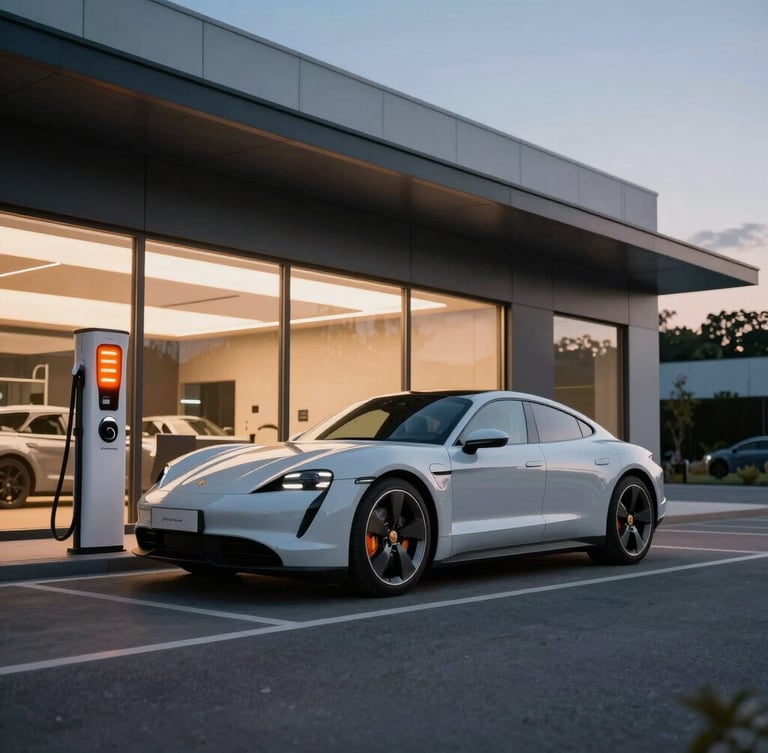 Wide panoramic shot of a sleek Porsche Taycan charging at a modern, high-end commercial storefront at dusk, glowing orange LED indicators on the charging station, clean architectural lines.