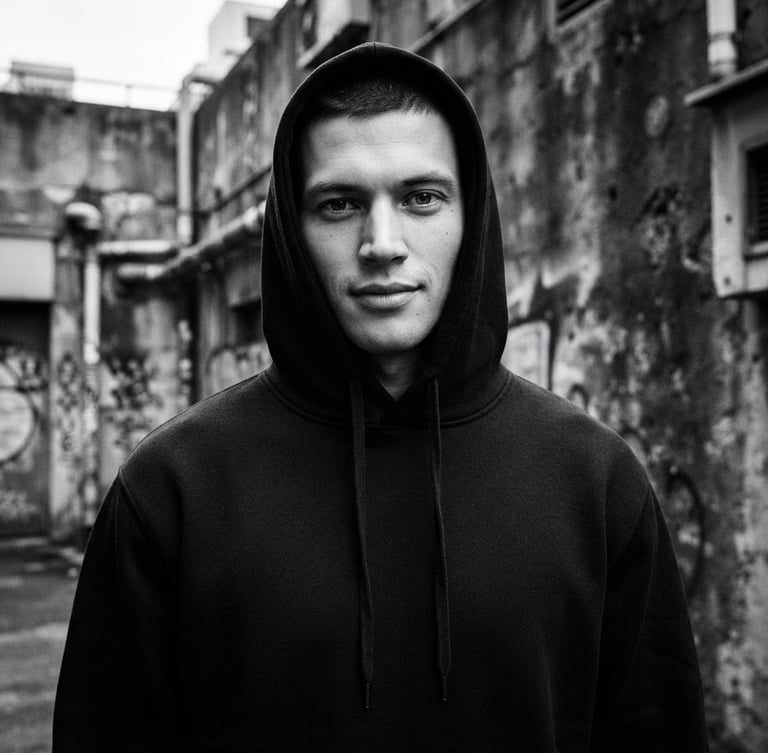 Medium-close crop of a model wearing a heavy black cotton hoodie, concrete urban background, high-contrast overcast light, sharp focus