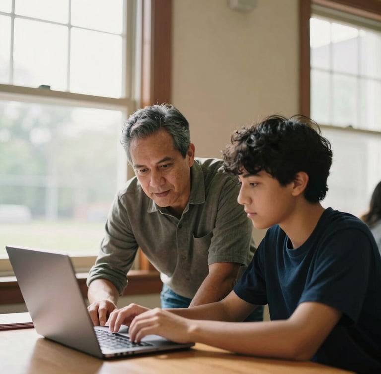 Candid portrait of a mentor guiding a student over a laptop in a sunlit College Park room, warm natural window light, 35mm.