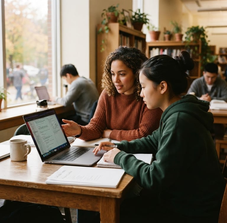 Candid medium shot of a mentor guiding a high school student over a laptop in a sunlit room, warm natural window light, rich organic tones, focused and supportive atmosphere, 35mm photography