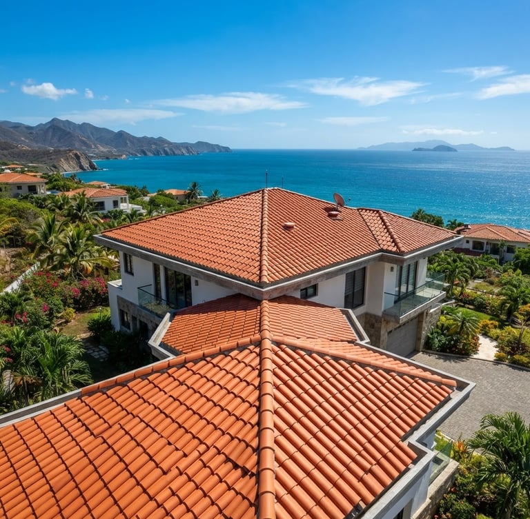 Wide panoramic shot of a newly finished, clean, and robust roof in Isla Margarita, Venezuela, with a clear blue sky and ocean in the background. Bright tropical daylight, crisp saturated colors, architectural lens.