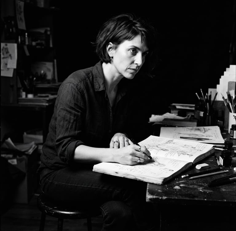 Stark monochrome portrait of a female writer and illustrator with short dark hair, high-contrast dramatic studio lighting, deep blacks and crisp whites, sharp focus, 35mm