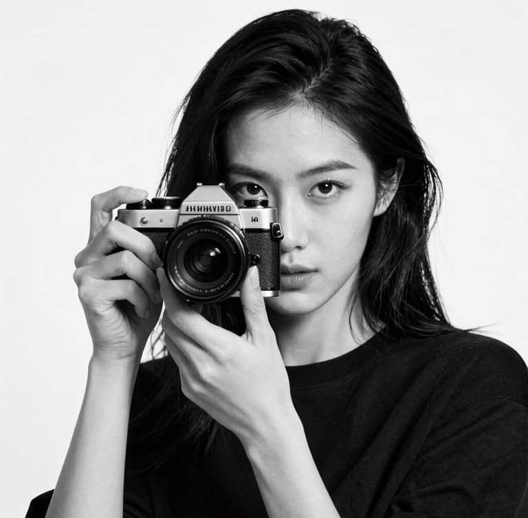 Stark monochrome portrait of a female creator holding a small film camera, looking directly at the lens, high-contrast studio lighting, deep blacks