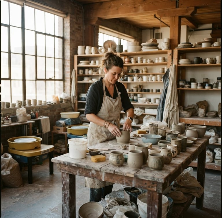A wide environmental portrait of a ceramicist in a sunlit industrial loft, clay vessels and raw stoneware on a heavy wood table, natural window light, rich organic tones.