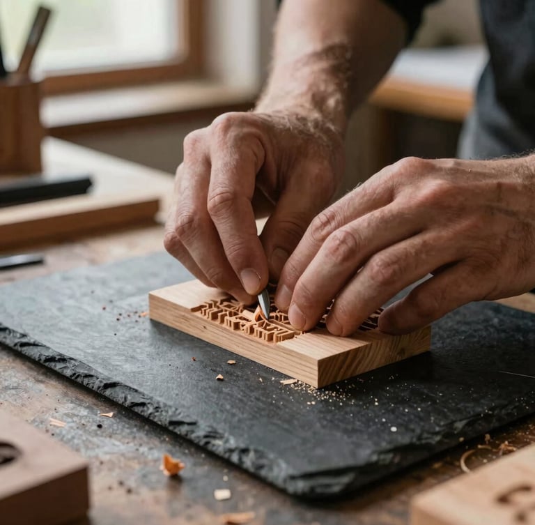 Close-up of hands carefully carving a woodblock for printing, fine wood shavings on a dark slate workbench, focused directional side lighting, tactile and authentic.