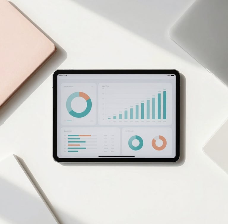 Flat-lay of a modern minimalist workspace with a tablet displaying clean, abstract data charts, bright natural daylight, sharp focus, 35mm lens