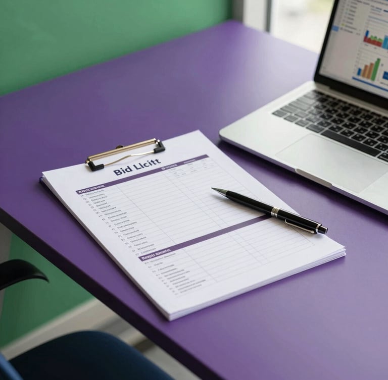 A clean, modern desk in Kingston with a printed bid checklist, a pen, and a laptop showing financial charts, bright natural daylight, professional editorial photography