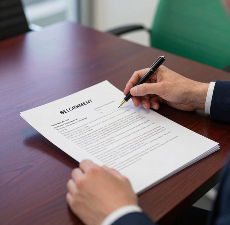 A close-up of hands reviewing a structured government tender document on a dark wooden table in a Kingston office, bright daylight from the side, sharp focus, professional editorial style.