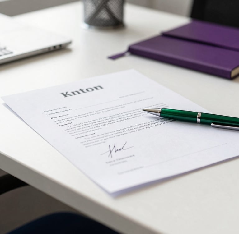 Close-up of a signed contract document with a green pen resting on top, clean modern desk in Kingston, bright morning light, professional editorial style.
