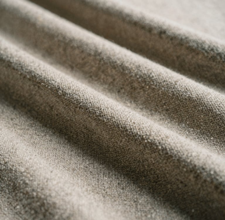 Close-up of premium heavy wool textile texture in oatmeal and charcoal tones, soft natural daylight with subtle shadows, architectural lines, 35mm film style