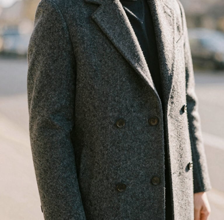 Warm editorial portrait of a professional in natural motion, wearing a structured charcoal wool overcoat, soft morning daylight, shallow depth of field, 35mm film style.