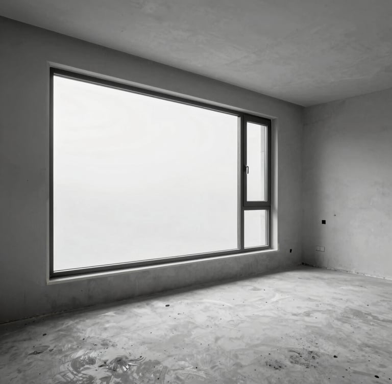Spotless minimalist interior under construction, protected window frames with clean tape, dust-free concrete floor, professional setup
