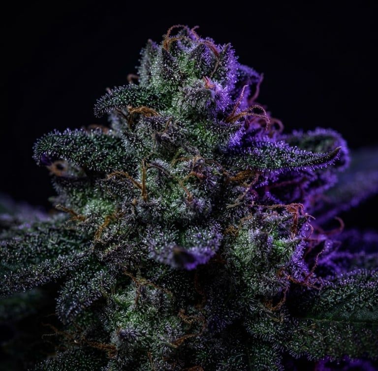 Macro studio photograph of premium cannabis flower, vivid green trichomes, deep dark background, sharp neon violet accent lighting, hyper-detailed commercial style.