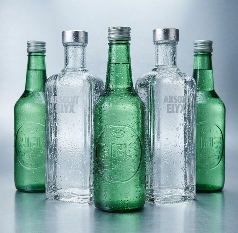 Crisp commercial product photography of condensation-beaded green soju bottles and premium clear glass bottles on a cool silver background, bright studio lighting with sharp focus.