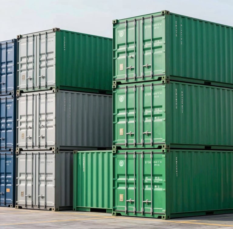 Sleek shipping containers stacked at a modern deep-water port, cool morning daylight, sharp focus, industrial scale, emerald green accents