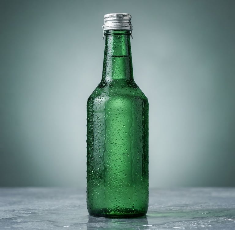 Crisp commercial product photography of a premium condensation-beaded Ilpoom Jinro bottle, cool emerald and silver tones, bright studio lighting, sharp focus