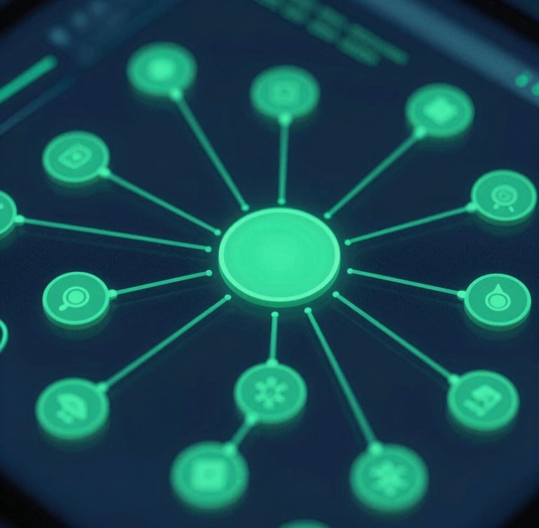 Macro close-up of a high-tech clean digital interface showing semantic nodes and data flows, cool studio lighting with deep blue and emerald green glow, sharp focus, 35mm