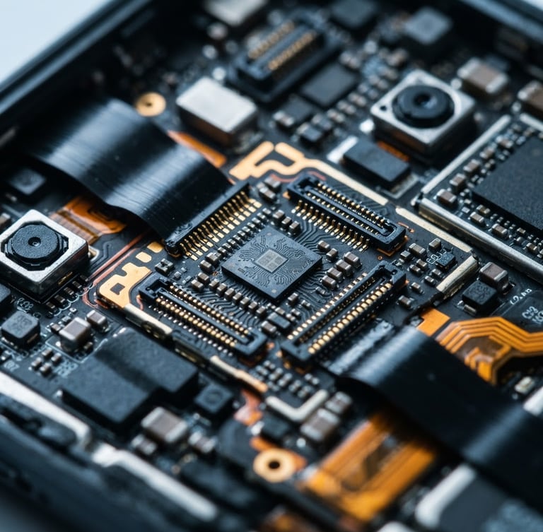 Extreme macro studio shot of a disassembled smartphone interior, showing pristine gold contacts and microchips under crisp cool-toned workbench illumination, high-contrast, 35mm