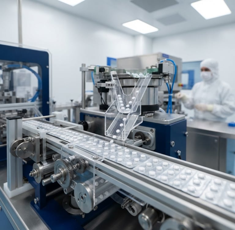 Macro photograph of automated blister-packing line in a sterile white cleanroom, bright clinical lighting, deep blue accents, 35mm lens