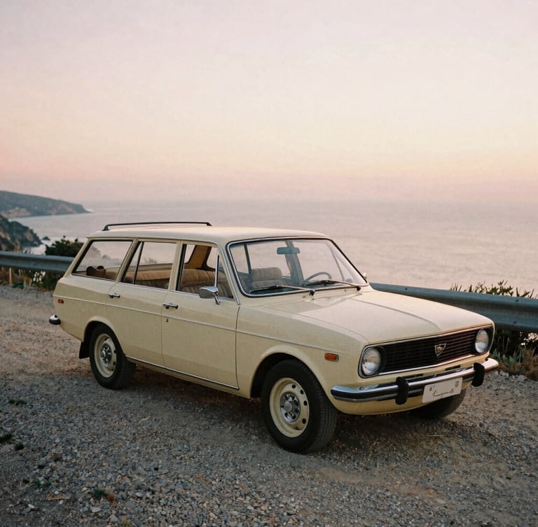 A vintage 1970s open-top travel car parked on a gravel shoulder overlooking a dramatic coastal road at sunset, soft warm golden light, 35mm film grain style.