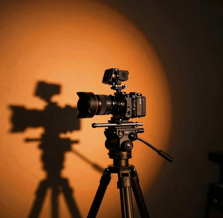 Tight, dynamic angle of a modern digital creator in a dark studio setting, adjusting a professional camera rig, dramatic shadows, vibrant warm orange-tinted backlighting, sharp focus, 35mm lens