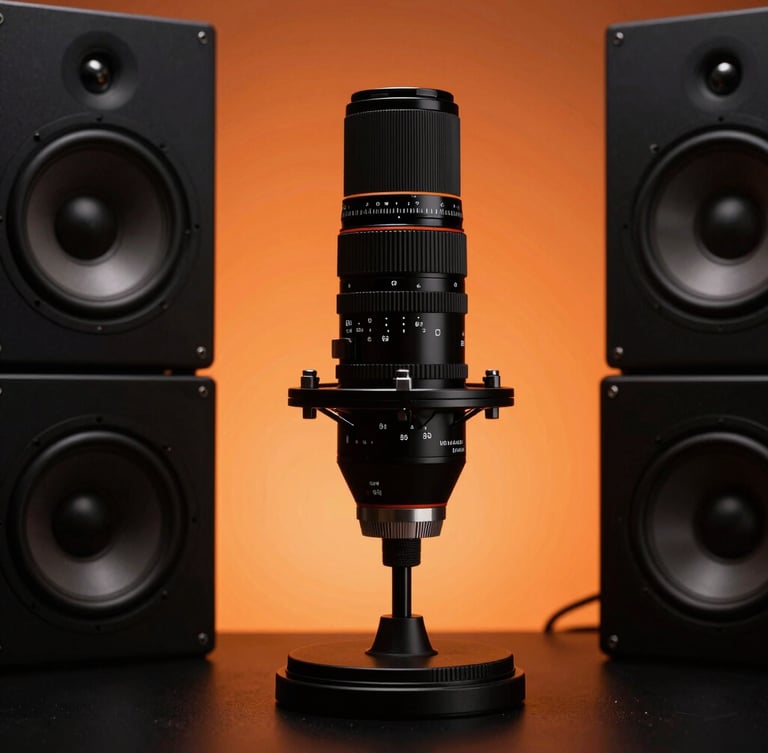 High-contrast studio shot of a digital creator adjusting high-end audio equipment under warm orange backlighting, deep blacks, sharp focus, 35mm lens.