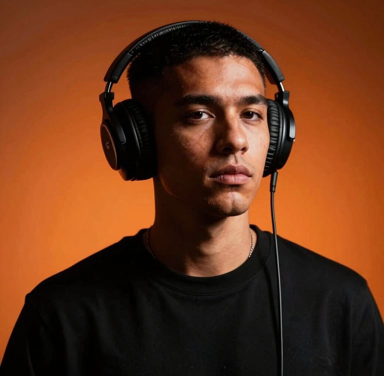 High-contrast studio portrait of an independent music artist with headphones, dramatic orange backlight, deep blacks, sharp focus, 35mm lens