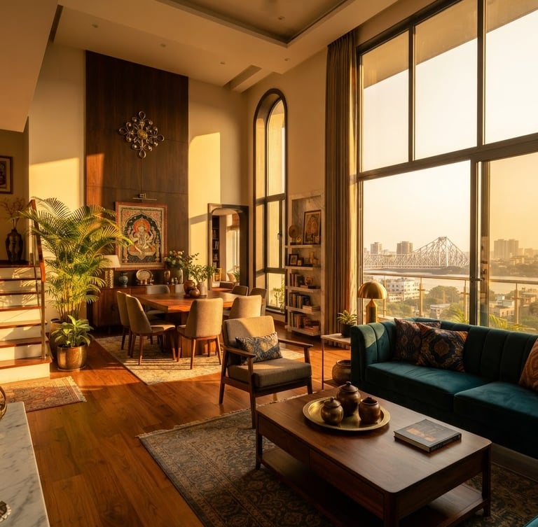Wide-angle sun-drenched interior of a luxury apartment in Kolkata, modern Indian design, golden hour light, rich saturated tones, high contrast, warm editorial photography.