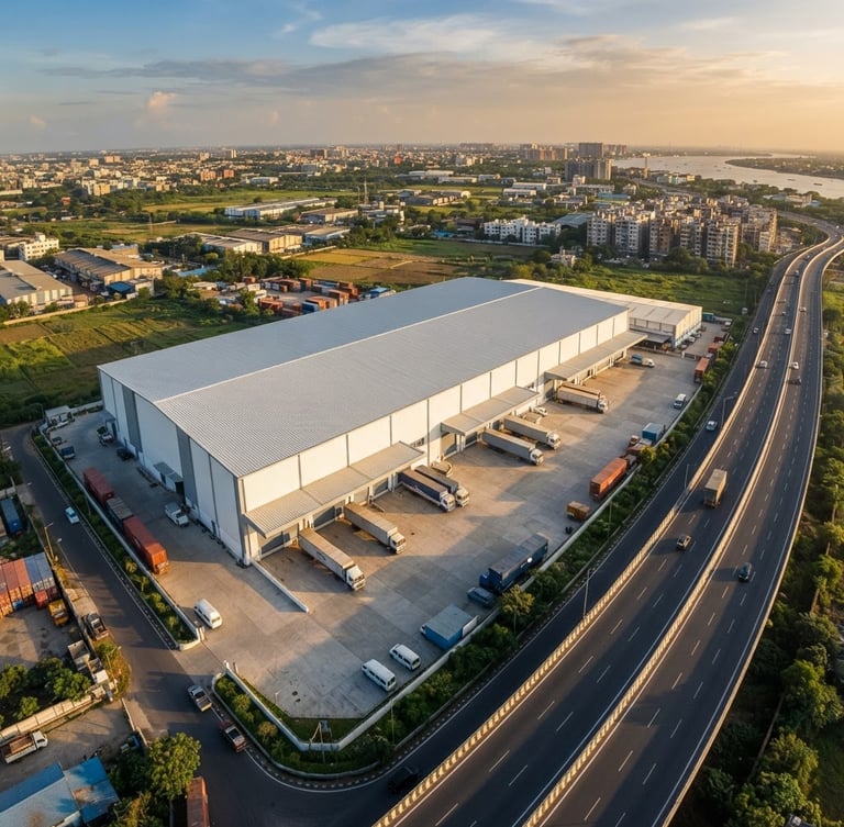 High-angle exterior shot of a modern logistics warehouse in Howrah under crisp daylight, showing scale and strategic location near a highway, wide-angle architectural lens, high contrast.