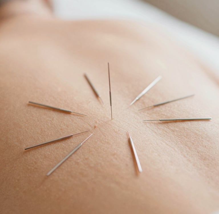 Close-up of acupuncture needles placed with clinical precision on a clean surface, warm terracotta tones, soft natural daylight, shallow depth of field