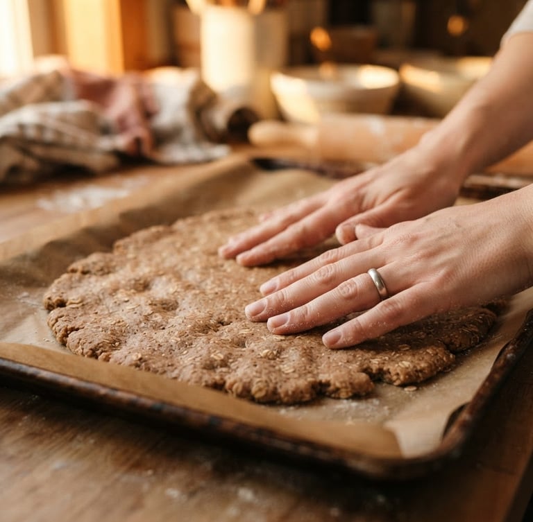 Close-up of hands gently pressing artisanal graham cracker dough onto a baking sheet, warm golden-hour light, shallow depth of field, rich cream and chocolate tones.