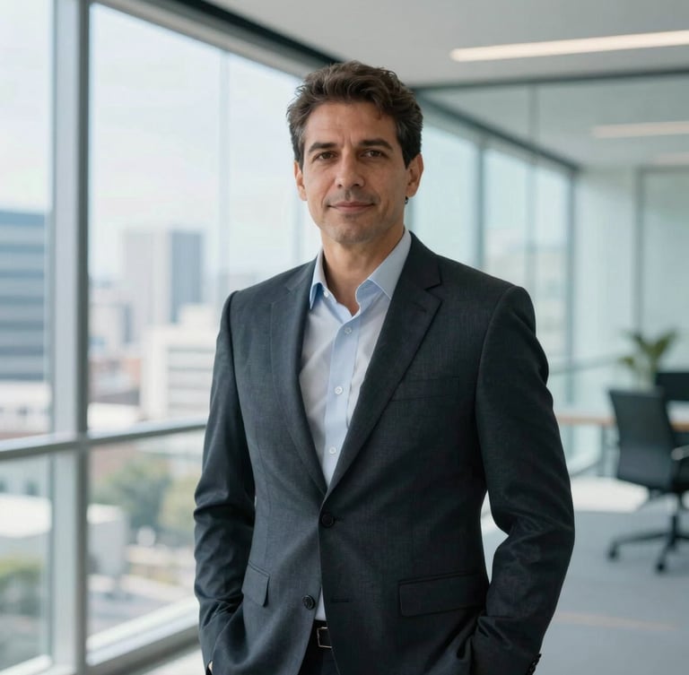 Professional portrait of a confident, middle-aged Brazilian financial consultant, wearing a dark suit, looking directly at the camera with a subtle smile. Modern office interior with glass walls and city view in the soft-focus background. Bright natural daylight, cool blue tones.