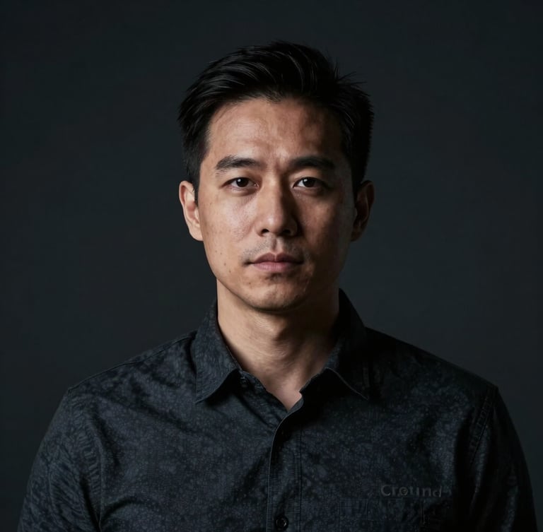 Low-key, high-contrast studio portrait of a professional male tech engineer in dark clothing, cool neutral highlights, dark charcoal background, highly focused gaze, 21:9 cinematic framing.