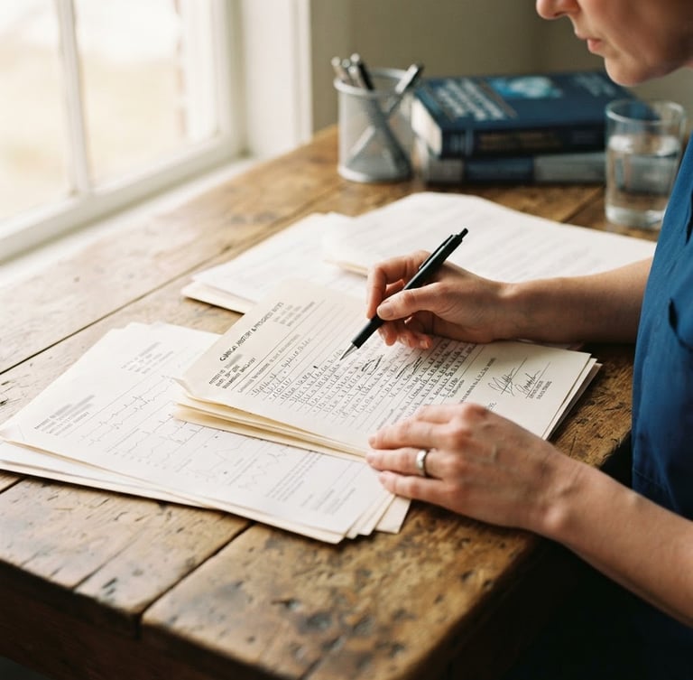 Close-up of hands reviewing medical reports and clinical history documents on a wooden desk, soft natural light from a window, shallow depth of field, 35mm