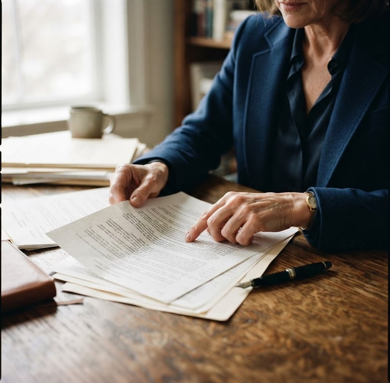 Close-up of a lawyer's hands analyzing legal documents on a wooden desk, soft natural window light, deep blue and muted tones, shallow depth of field, 35mm