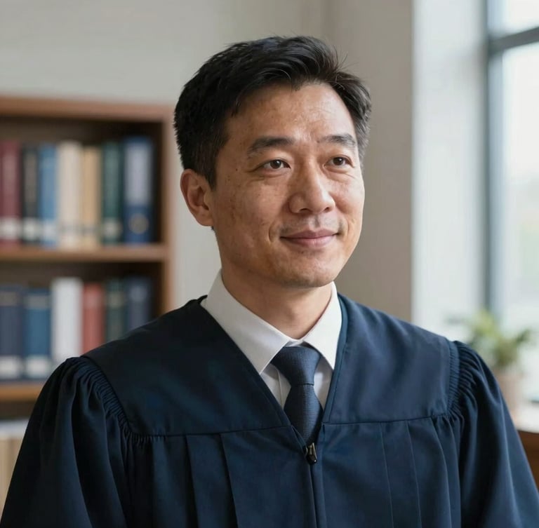 Portrait of a professional lawyer with an empathetic expression, looking slightly off-camera, warm natural light, office background with bookshelves, shallow depth of field, 35mm