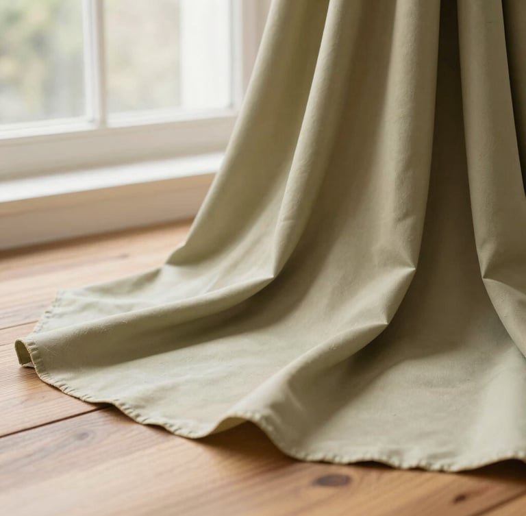 Close-up of premium olive and sand crepe fabric weaves gently draped over a wooden table under soft diffused window light, 35mm