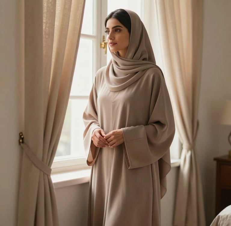 Warm editorial photography of a modestly styled woman in a flowing taupe abaya standing near a sunlit window, soft natural light, elegant drapes, shallow depth of field, 35mm