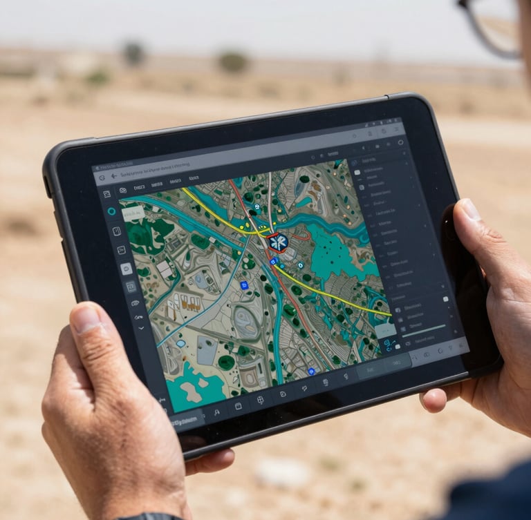 Close-up of a rugged tablet displaying a high-resolution GIS mapping interface with colorful coordinate overlays, held by a technician in bright daylight in an Erbil field.