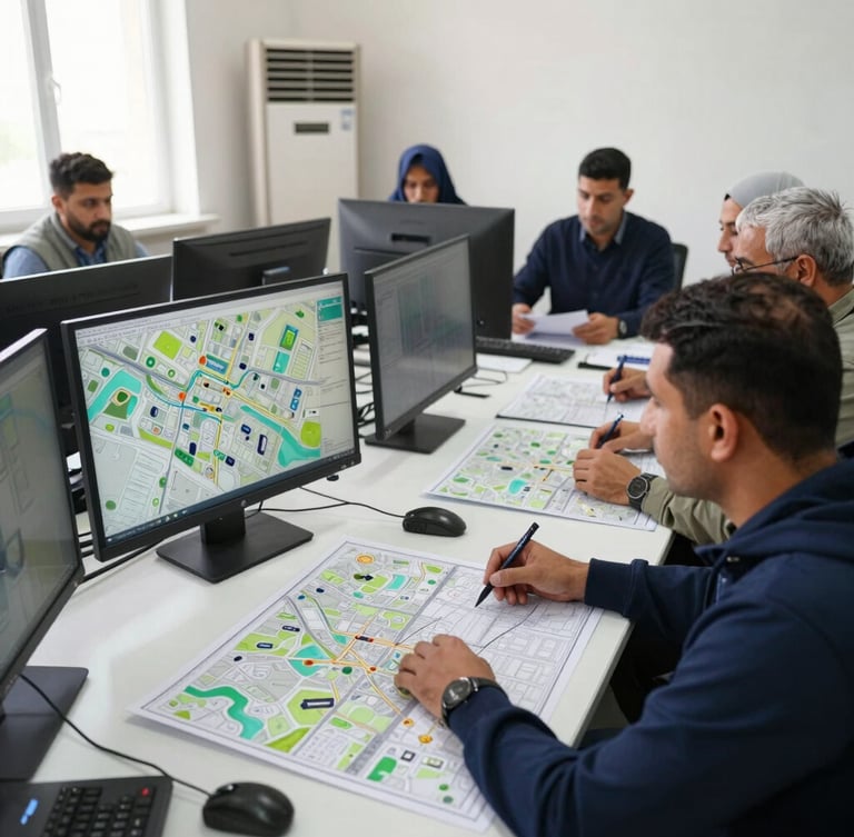 Professional technical training workshop in Erbil, local engineers analyzing cartographic maps on screens, focused neutral office lighting.